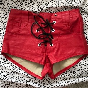 Red leather lace up shorts